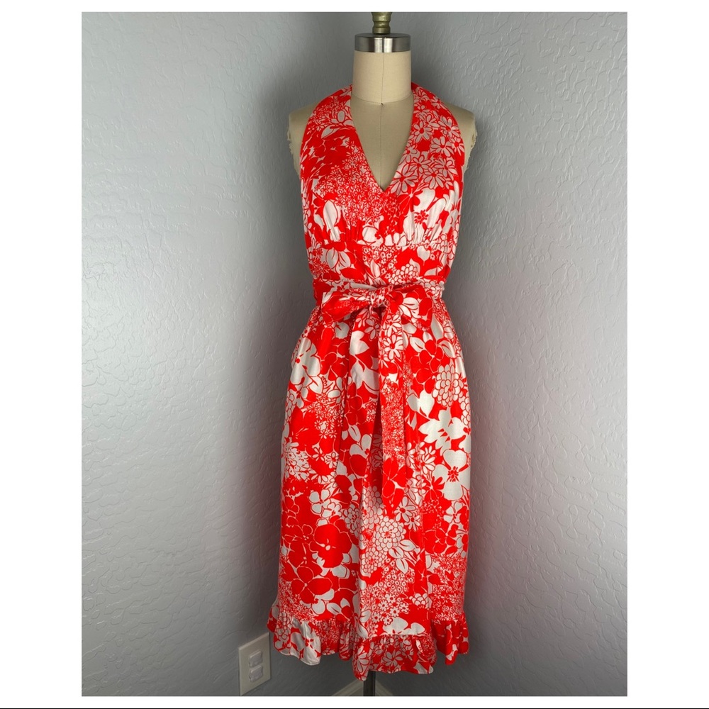 Vintage Neon Red Orange Hawaiian Halter Wrap Dress